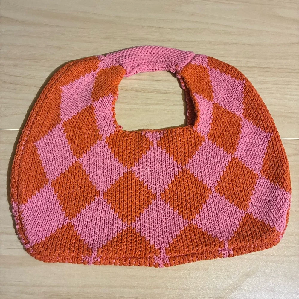Kopari Knit Bag Crochet Circle Handbag Purse Woven Argyle 16x14 Pink/Orange Boho